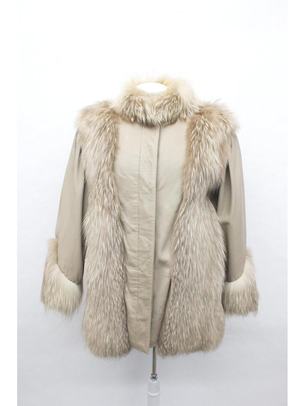 Excellent Beige Fox & Leather Fur Coat Jacket Women Woman Size 6 Small